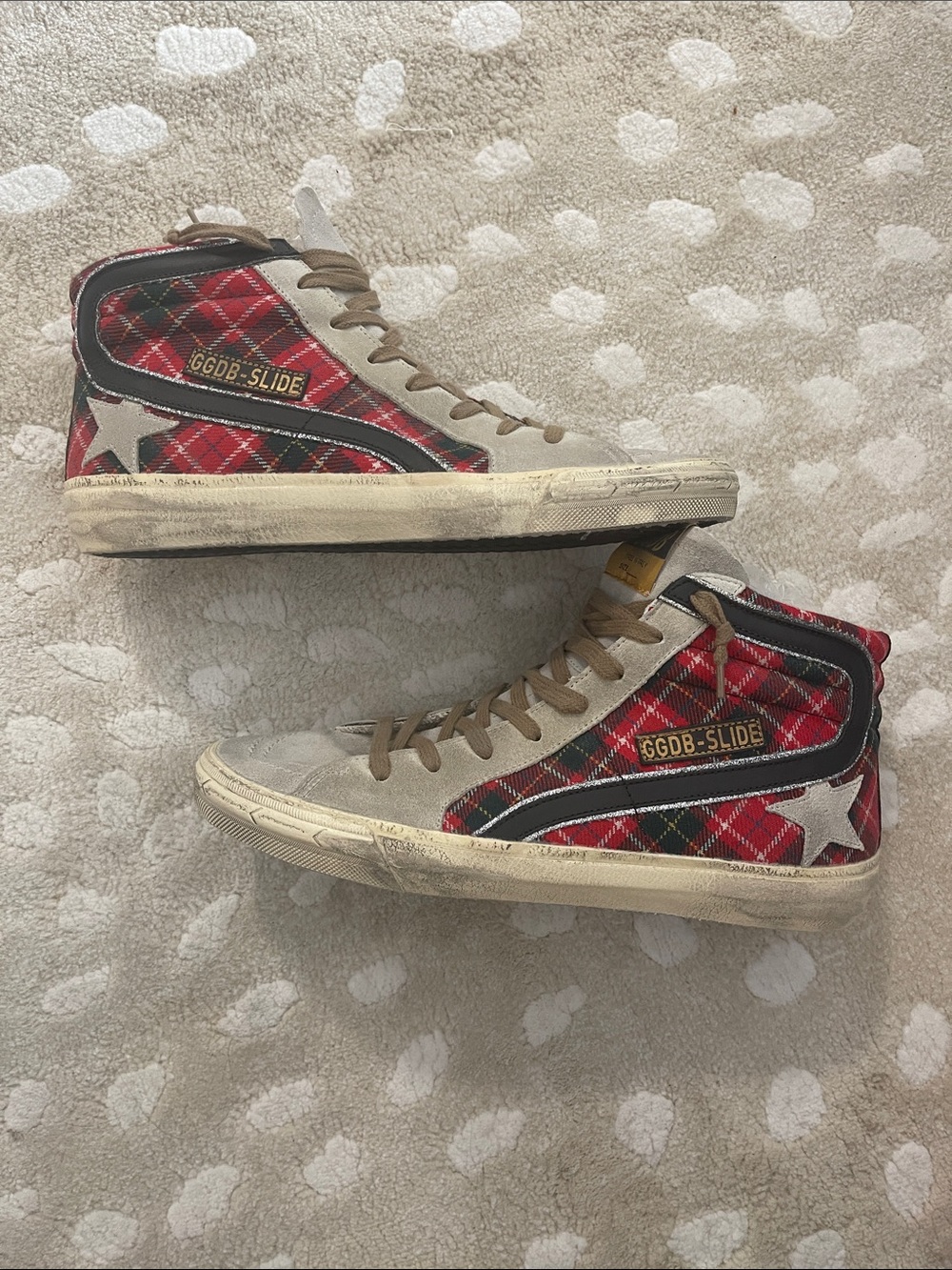 New Golden Goose High-Top Sneakers with Red Tartan Plaid & Beige Suede 40 Slide
